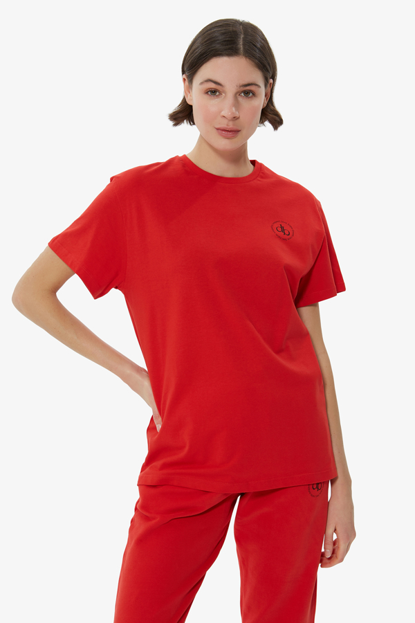 Kırmızı Ön Baskılı Bisiklet Yaka Basic T-shirt resmi