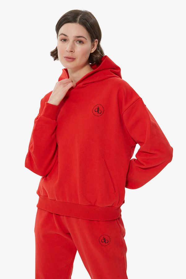 Kırmızı Kapüşonlu Basic Sweatshirt resmi