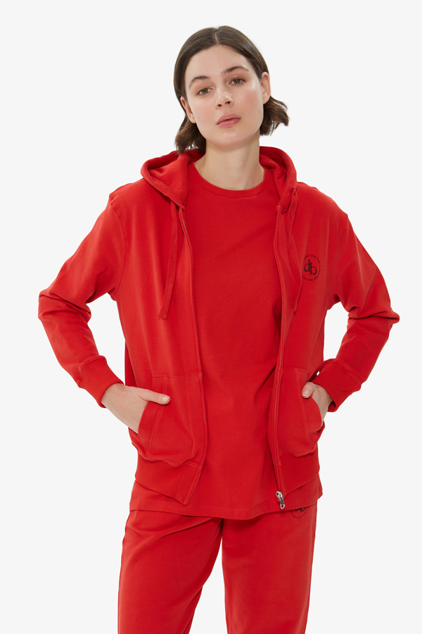 Kırmızı Kapüşonlu Fermuarlı Sweatshirt resmi