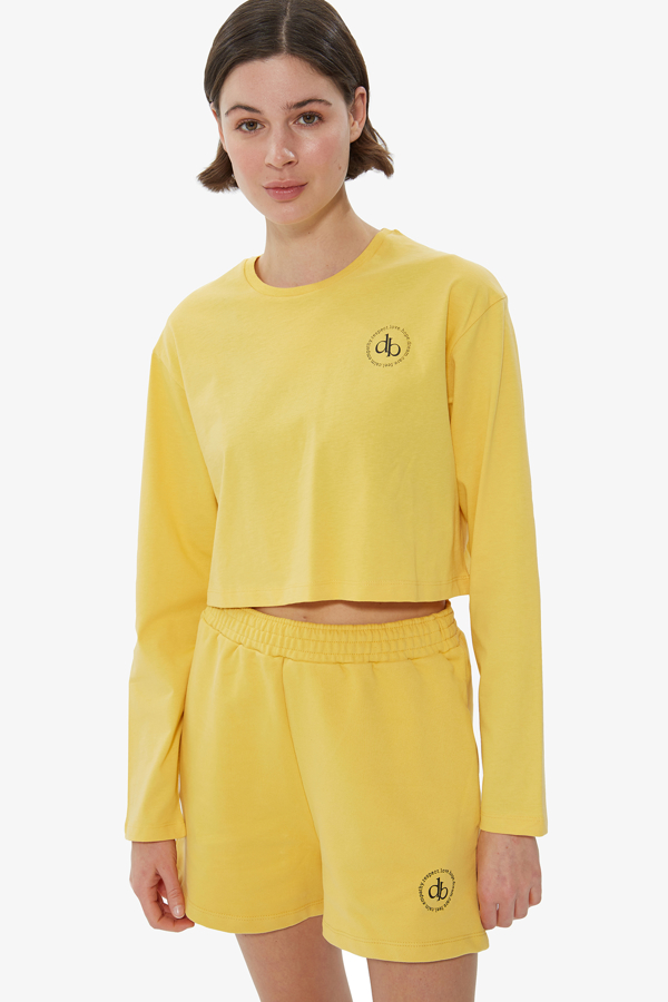 Sarı Bisiklet Yaka Uzun Kol Crop T-shirt resmi