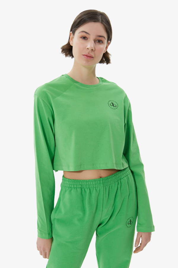Yeşil Bisiklet Yaka Uzun Kol Crop T-shirt resmi