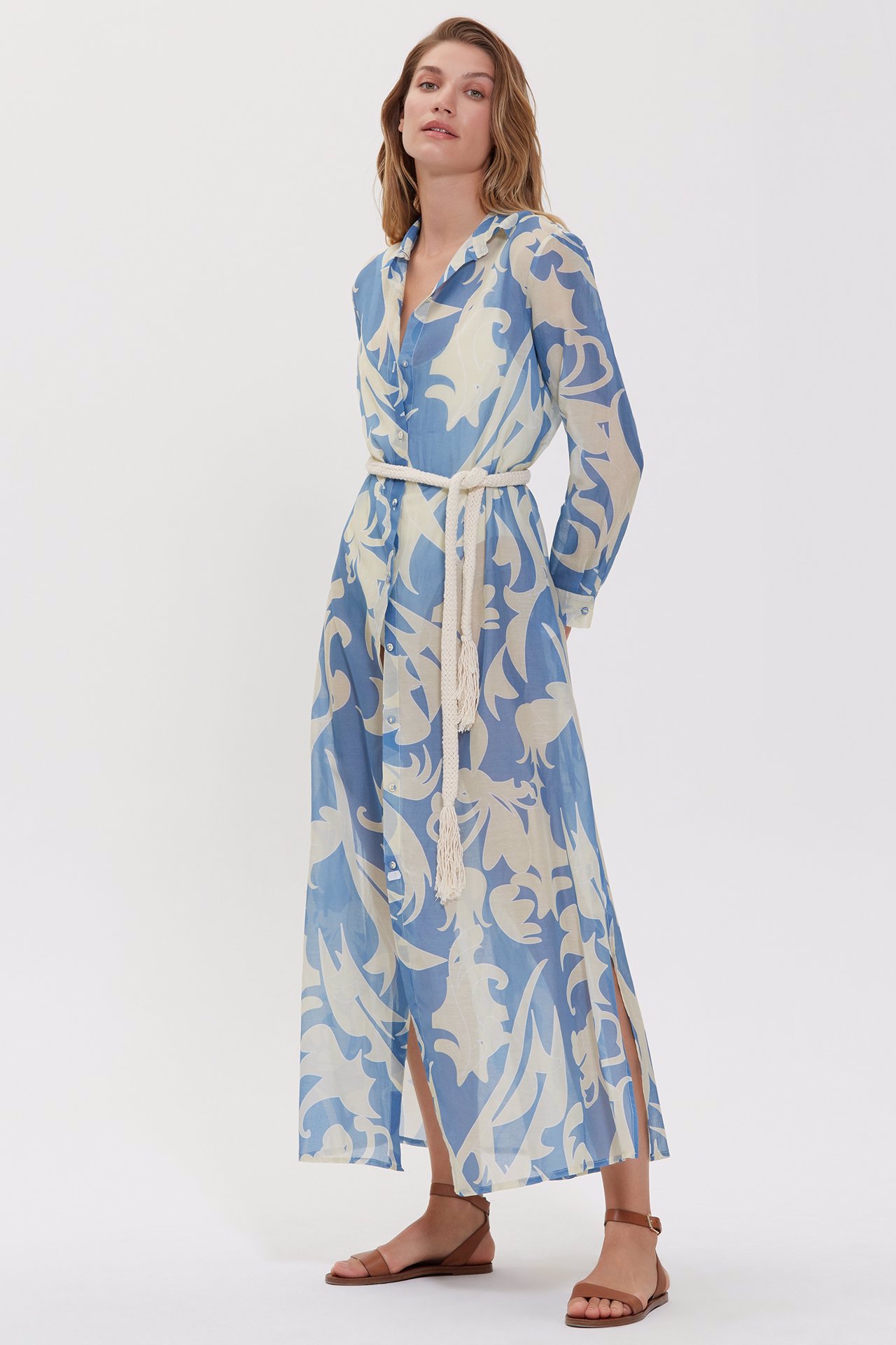 Dahlia Bianca | Donatella Long Shirt Dress - Ekru, Mavi - Maxi Dress