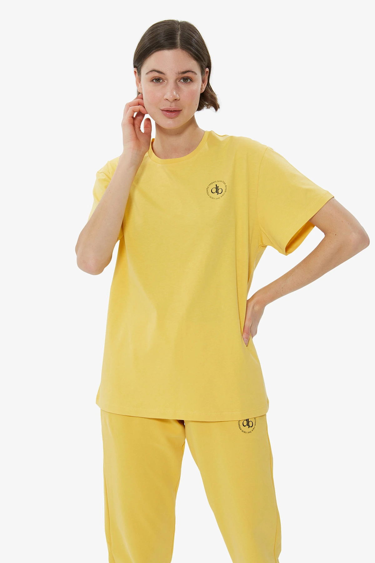 T-Shirt Sarı Ön Baskılı Bisiklet Yaka Basic T-shirt