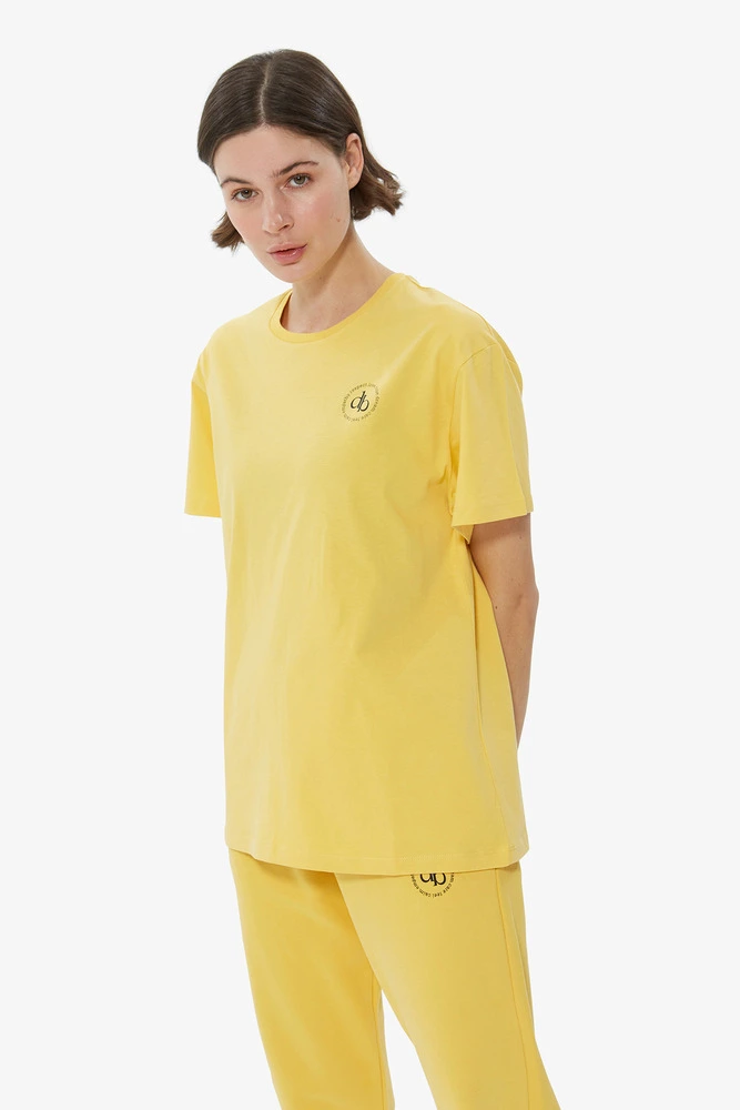 T-Shirt Sarı Ön Baskılı Bisiklet Yaka Basic T-shirt