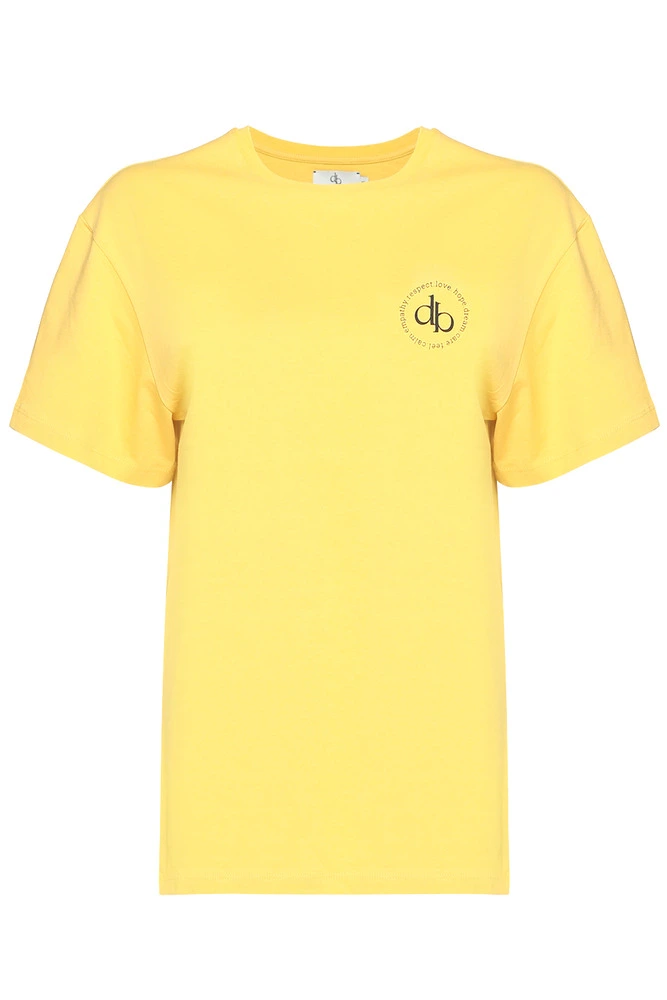 T-Shirt Sarı Ön Baskılı Bisiklet Yaka Basic T-shirt