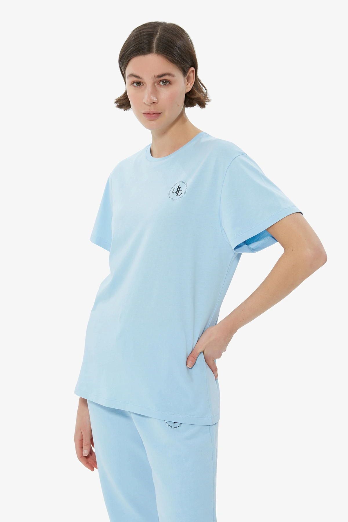 T-Shirt Bebek Mavisi Ön Baskılı Bisiklet Yaka Basic T-shirt