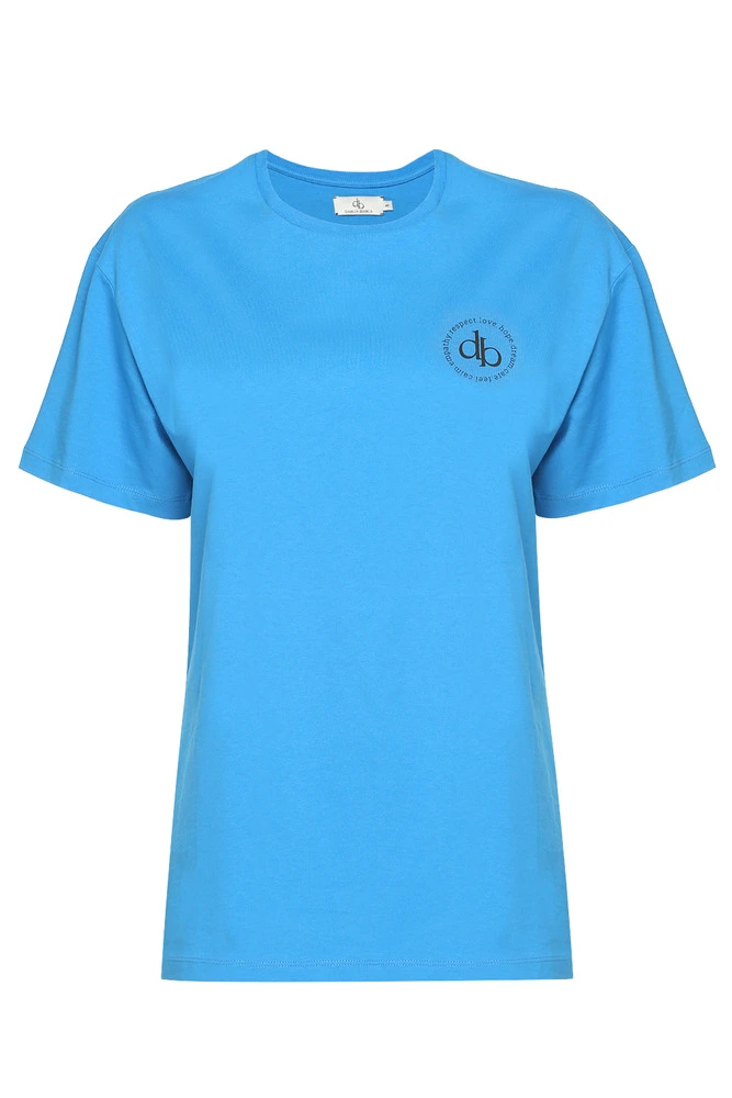 T-Shirt Mavi Ön Baskılı Bisiklet Yaka Basic T-shirt