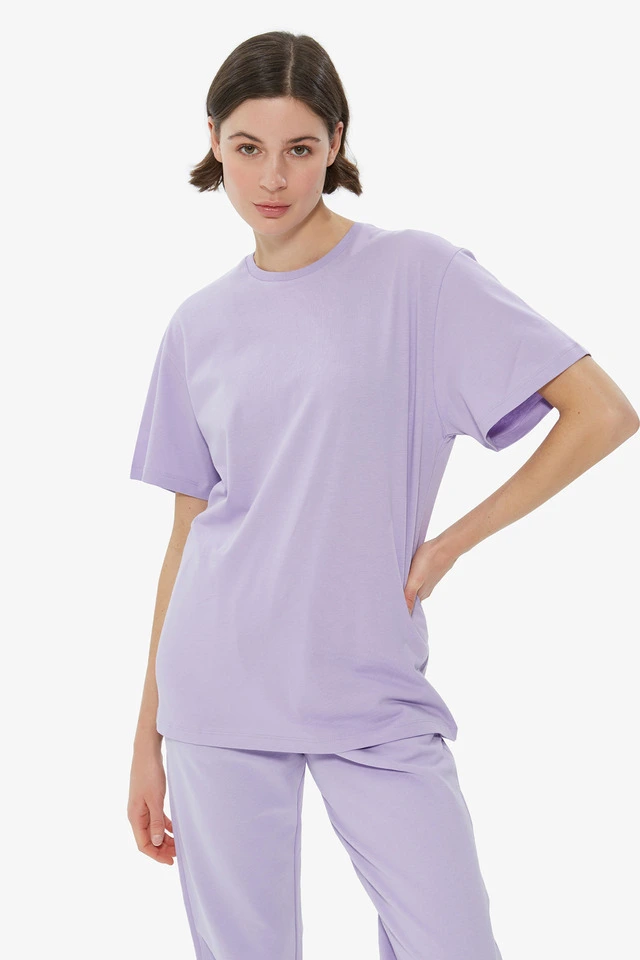 T-Shirt Lila Arka Baskılı Bisiklet Yaka Basic T-shirt