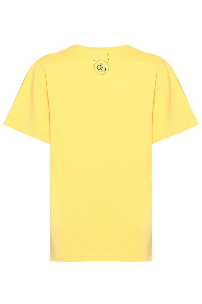 T-Shirt Sarı Arka Baskılı Bisiklet Yaka Basic T-shirt