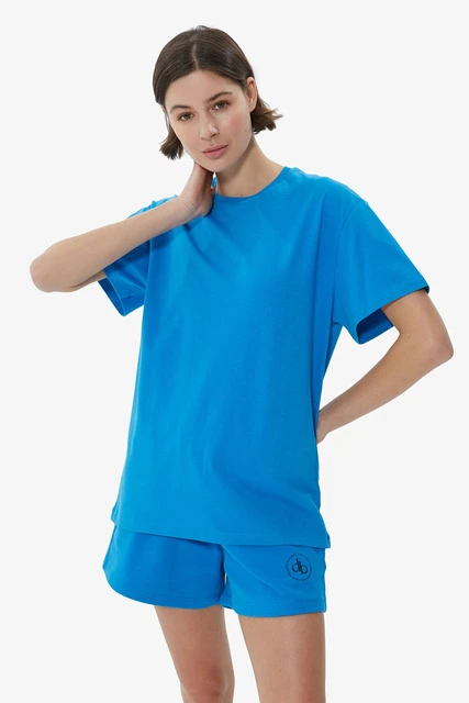 T-Shirt Mavi Arka Baskılı Bisiklet Yaka Basic T-shirt
