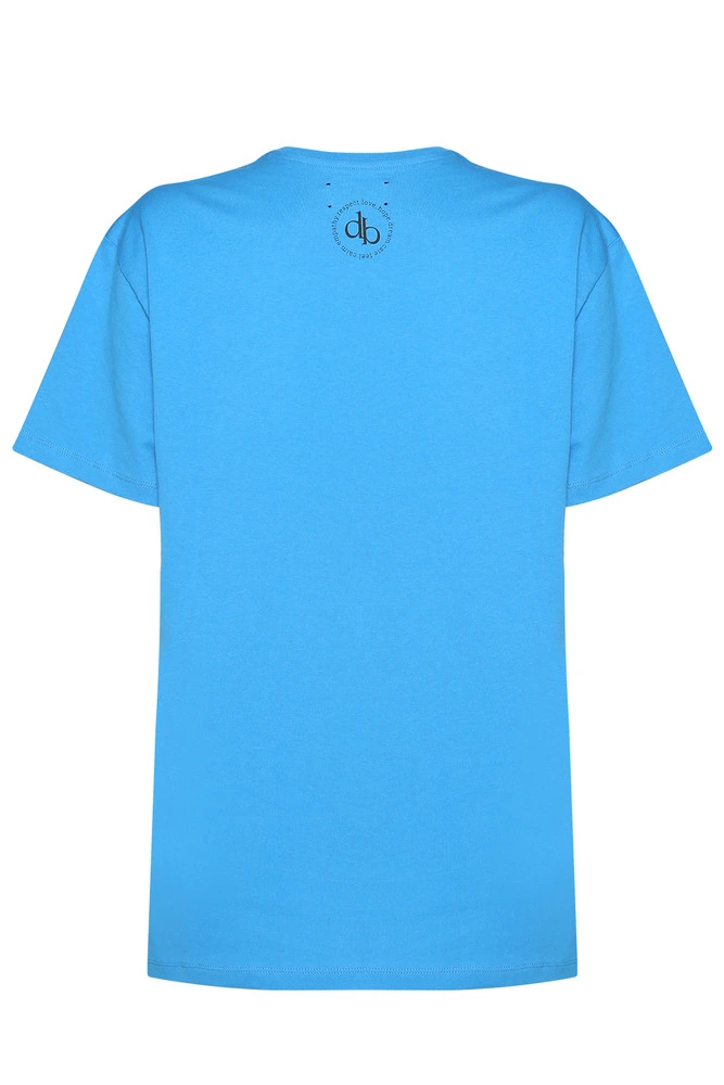 T-Shirt Mavi Arka Baskılı Bisiklet Yaka Basic T-shirt