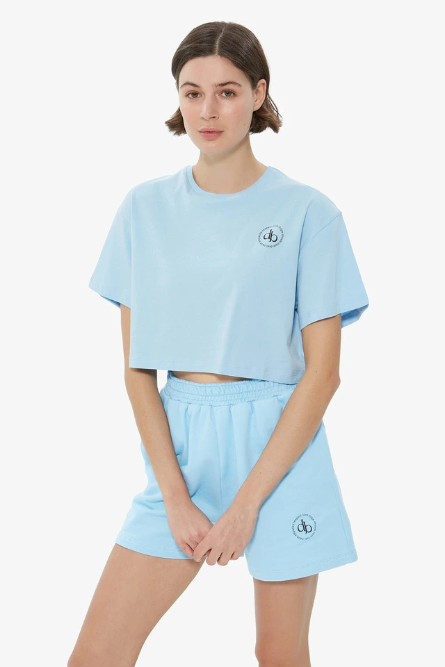 T-Shirt Bebek Mavisi Bisiklet Yaka Crop T-shirt