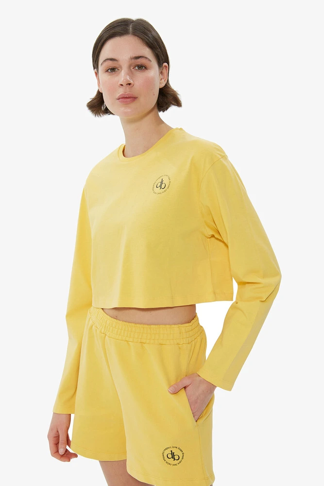 T-Shirt Sarı Bisiklet Yaka Uzun Kol Crop T-shirt