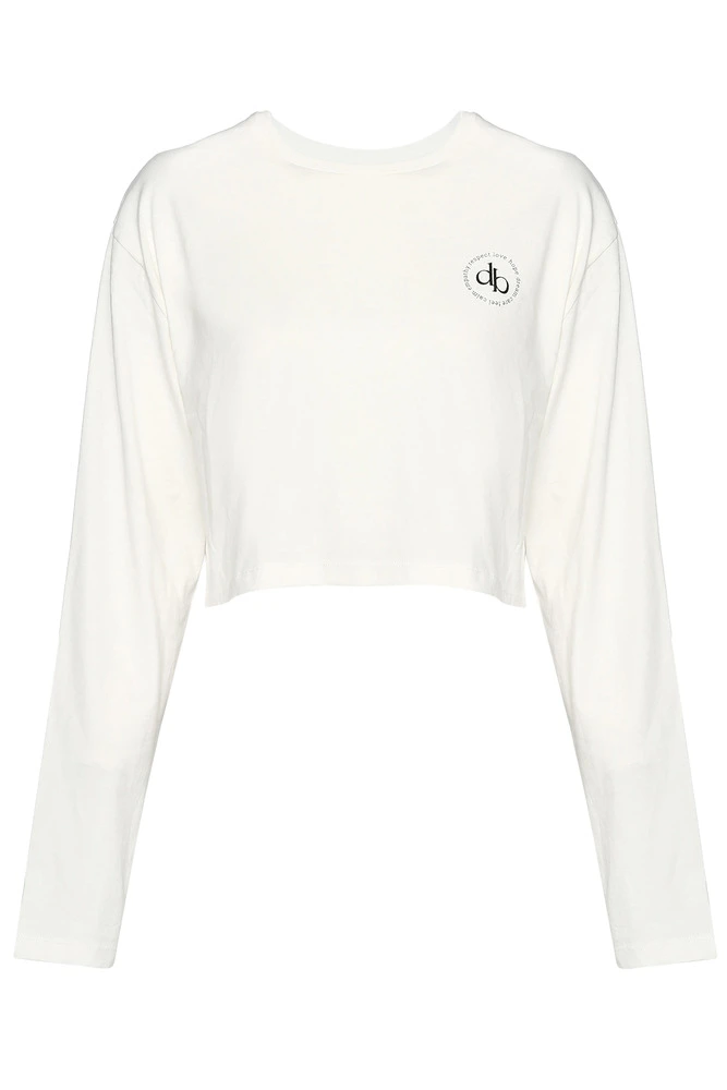T-Shirt Beyaz Bisiklet Yaka Uzun Kol Crop T-shirt