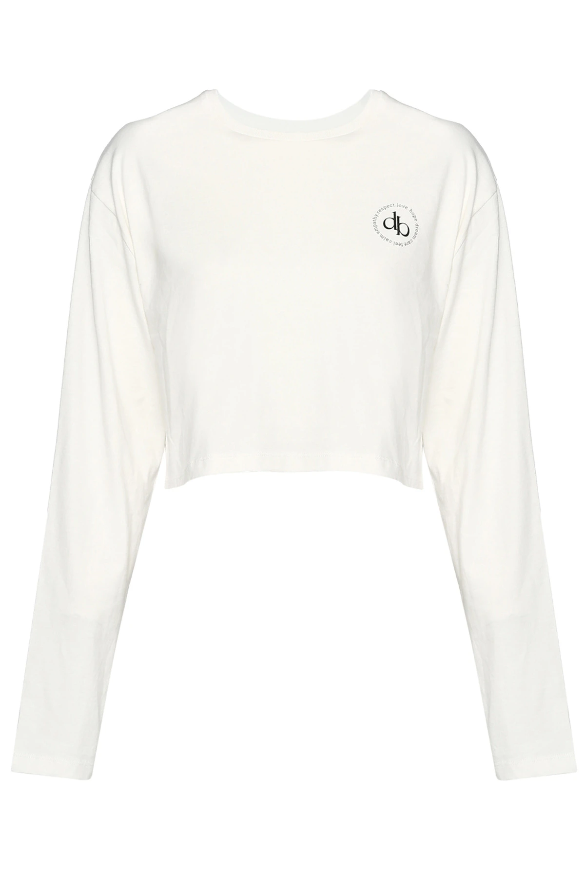 T-Shirt Beyaz Bisiklet Yaka Uzun Kol Crop T-shirt