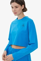 T-Shirt Mavi Bisiklet Yaka Uzun Kol Crop T-shirt