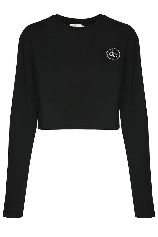 T-Shirt Siyah Bisiklet Yaka Uzun Kol Crop T-shirt