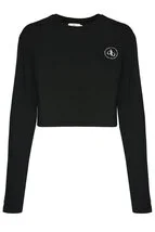 T-Shirt Siyah Bisiklet Yaka Uzun Kol Crop T-shirt