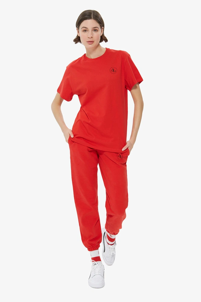 T-Shirt Kırmızı Ön Baskılı Bisiklet Yaka Basic T-shirt