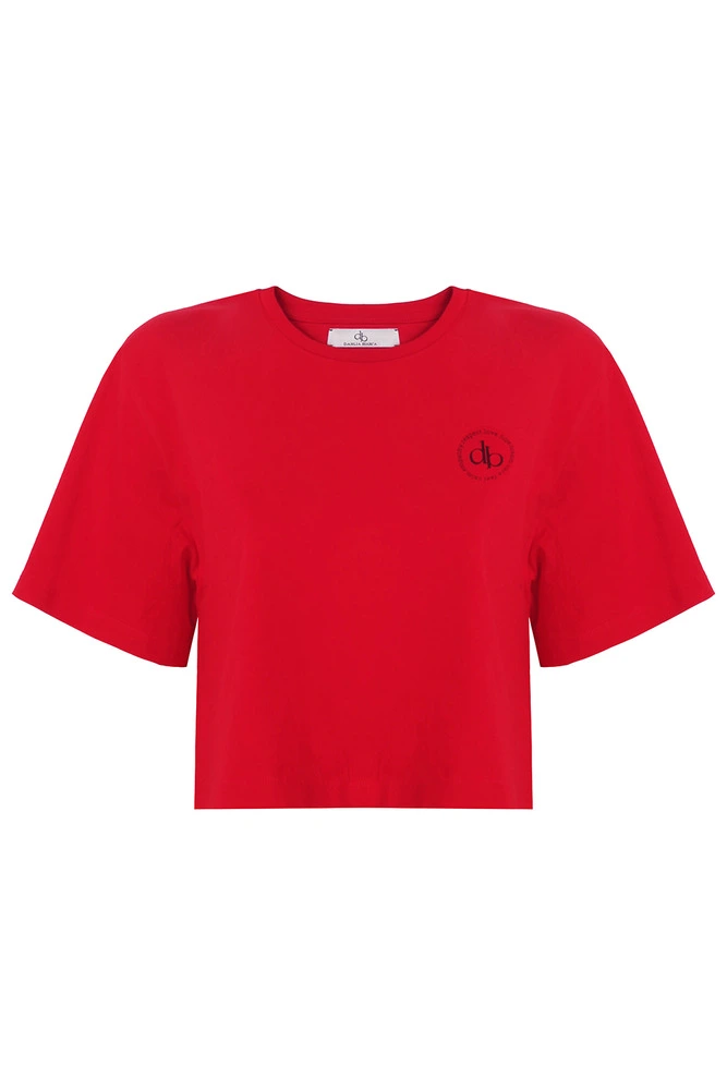 T-Shirt Kırmızı Bisiklet Yaka Crop T-shirt