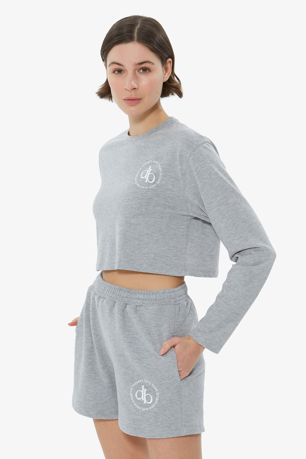 T-Shirt Gri Bisiklet Yaka Uzun Kol Crop T-shirt