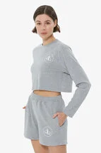 T-Shirt Gri Bisiklet Yaka Uzun Kol Crop T-shirt