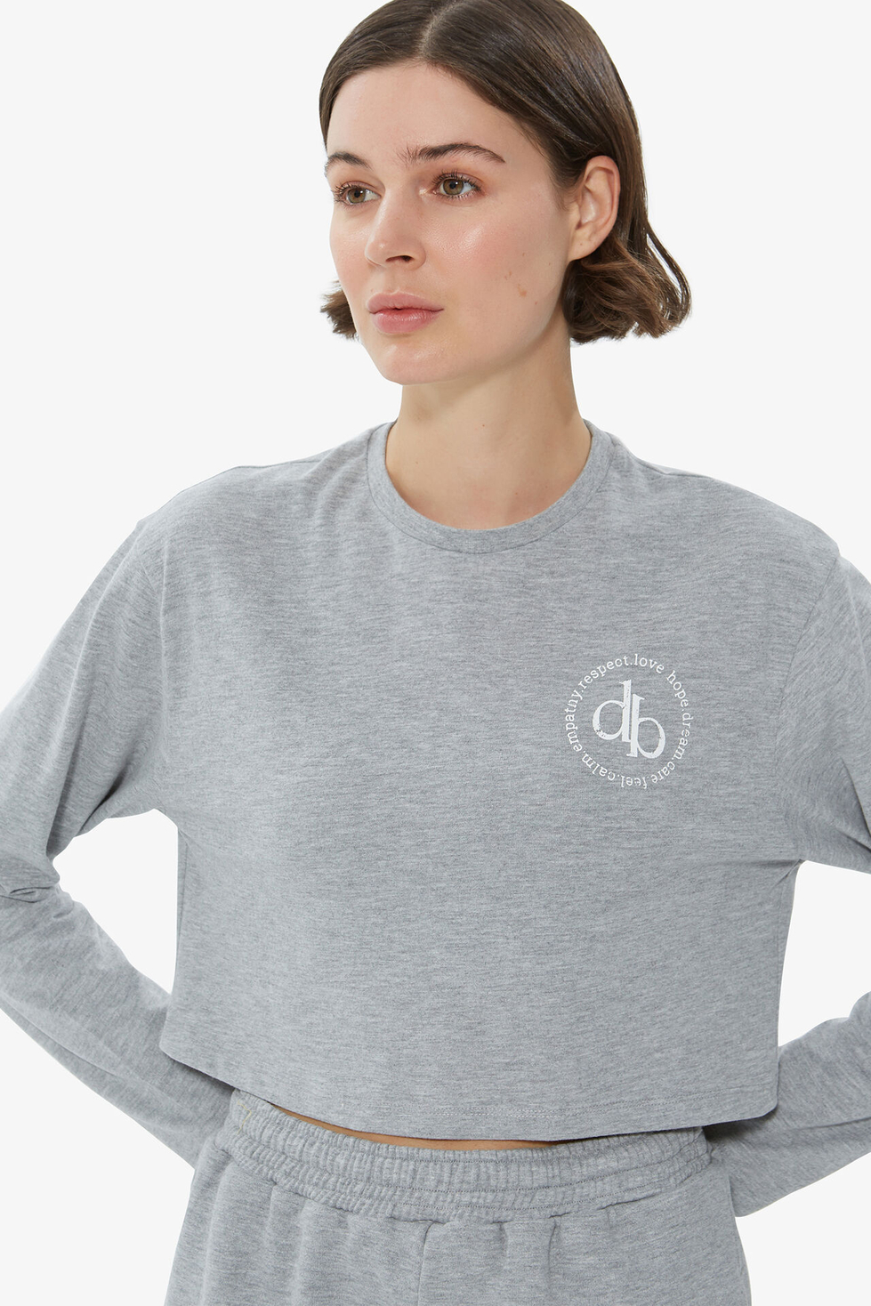 T-Shirt Gri Bisiklet Yaka Uzun Kol Crop T-shirt